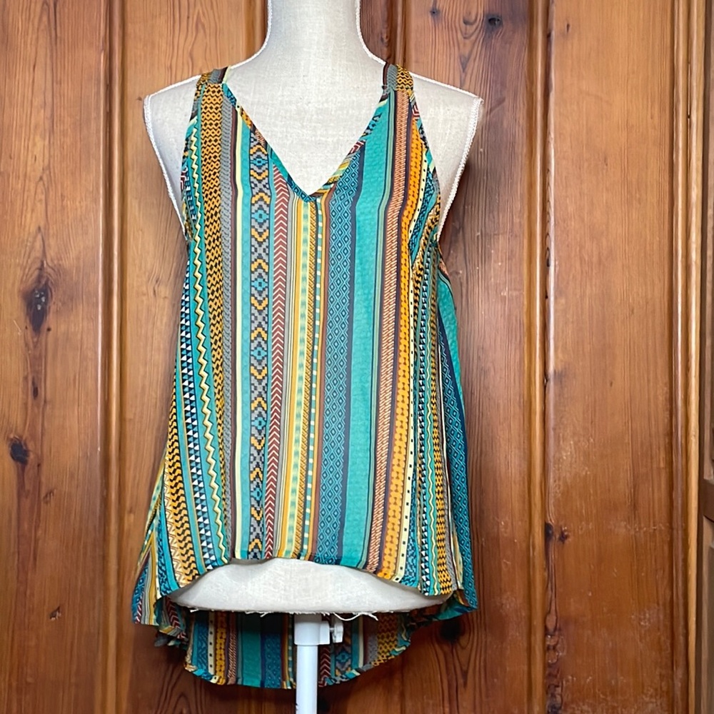 Umgee Sheer Teal & Orange Tribal Vertical Striped Tank Top - Picture 2 of 8